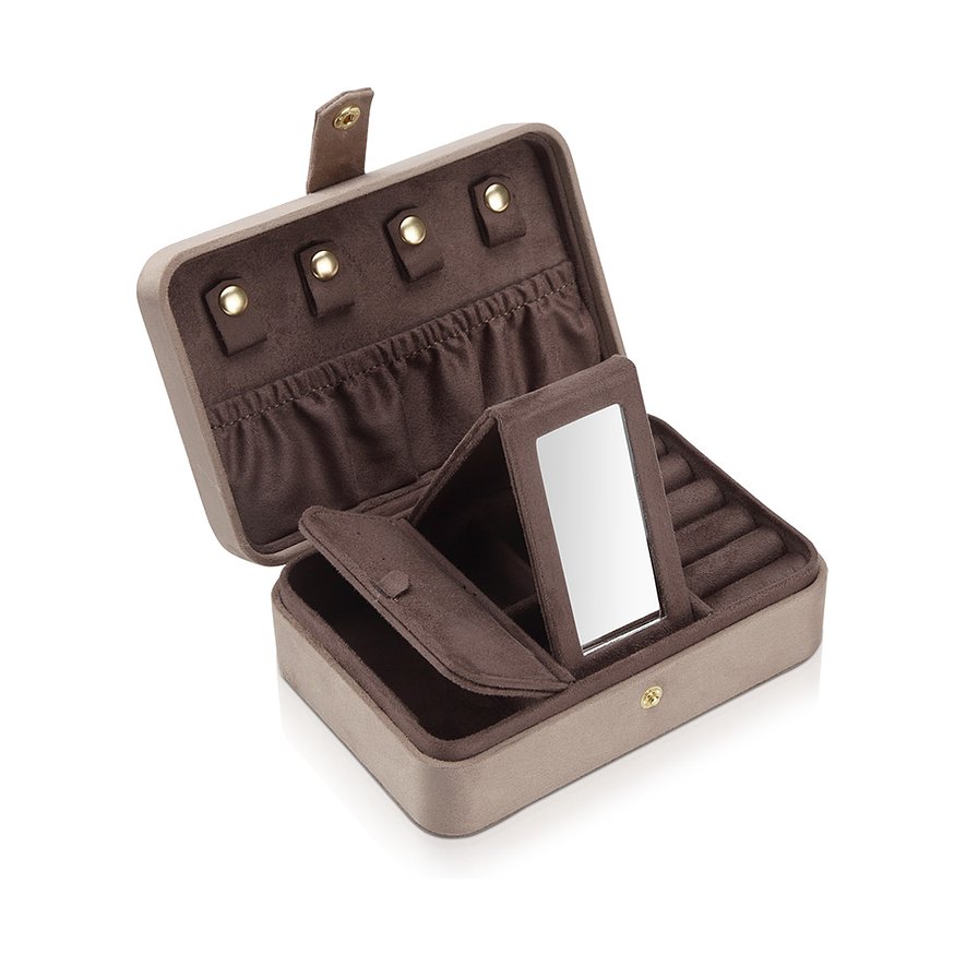 Eine offene, rechteckige Modalo Schmuckschatulle aus Samt in Beige und Braun mit goldenen Akzenten und Spiegel.