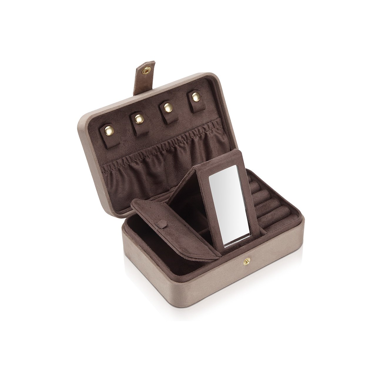 Eine offene, rechteckige Modalo Schmuckschatulle aus Samt in Beige und Braun mit goldenen Akzenten und Spiegel.