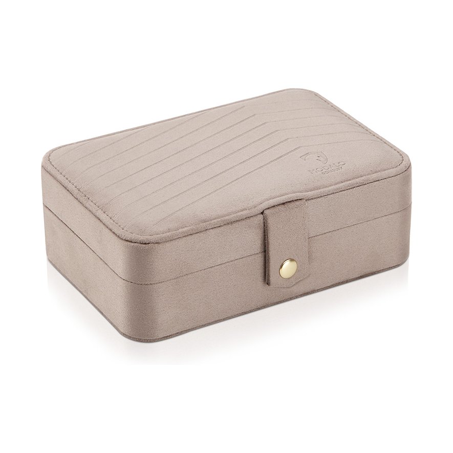 Eine rechteckige Modalo Schmuckbox aus grauem Samt, mit goldenem Druckknopfverschluss und gerillter Oberseite.