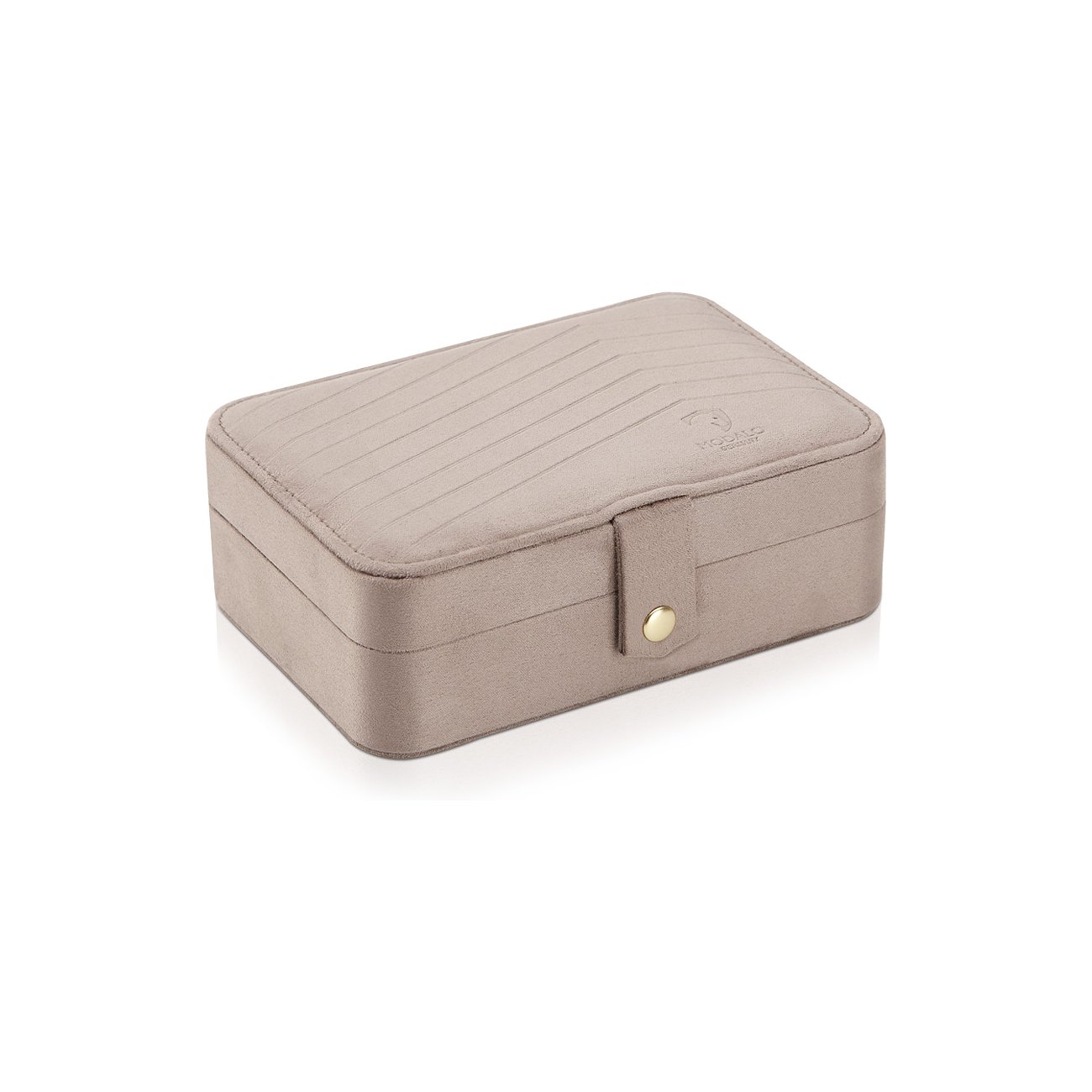 Eine rechteckige Modalo Schmuckbox aus grauem Samt, mit goldenem Druckknopfverschluss und gerillter Oberseite.