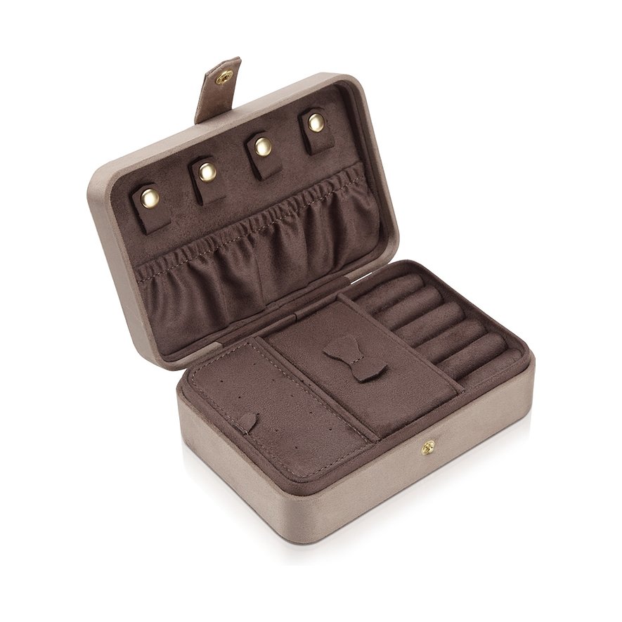 Offener Schmuckkasten von Modalo aus Samt in Hellbeige und Braun, mit Fächern für Ringe und Haken für Ketten.