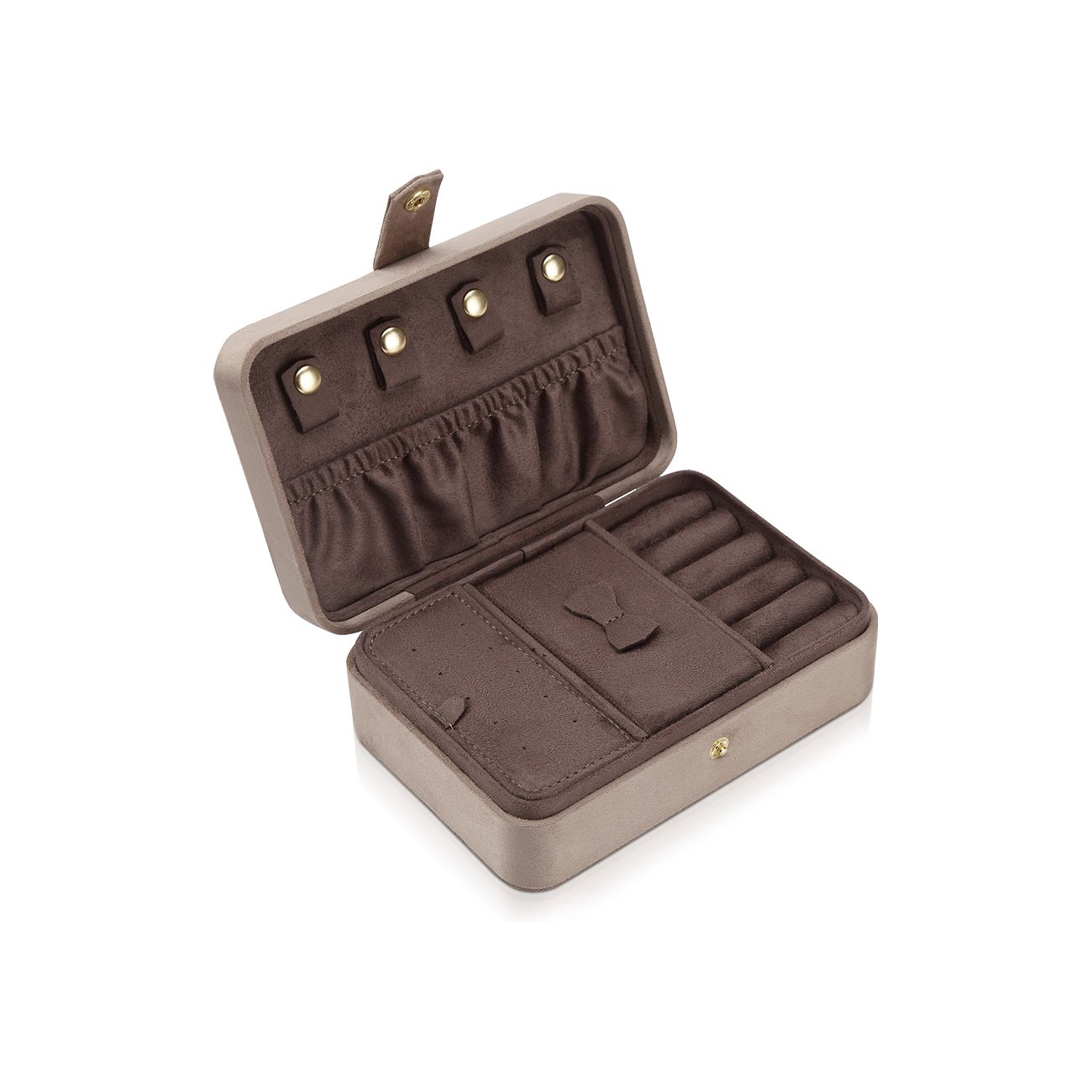Offener Schmuckkasten von Modalo aus Samt in Hellbeige und Braun, mit Fächern für Ringe und Haken für Ketten.