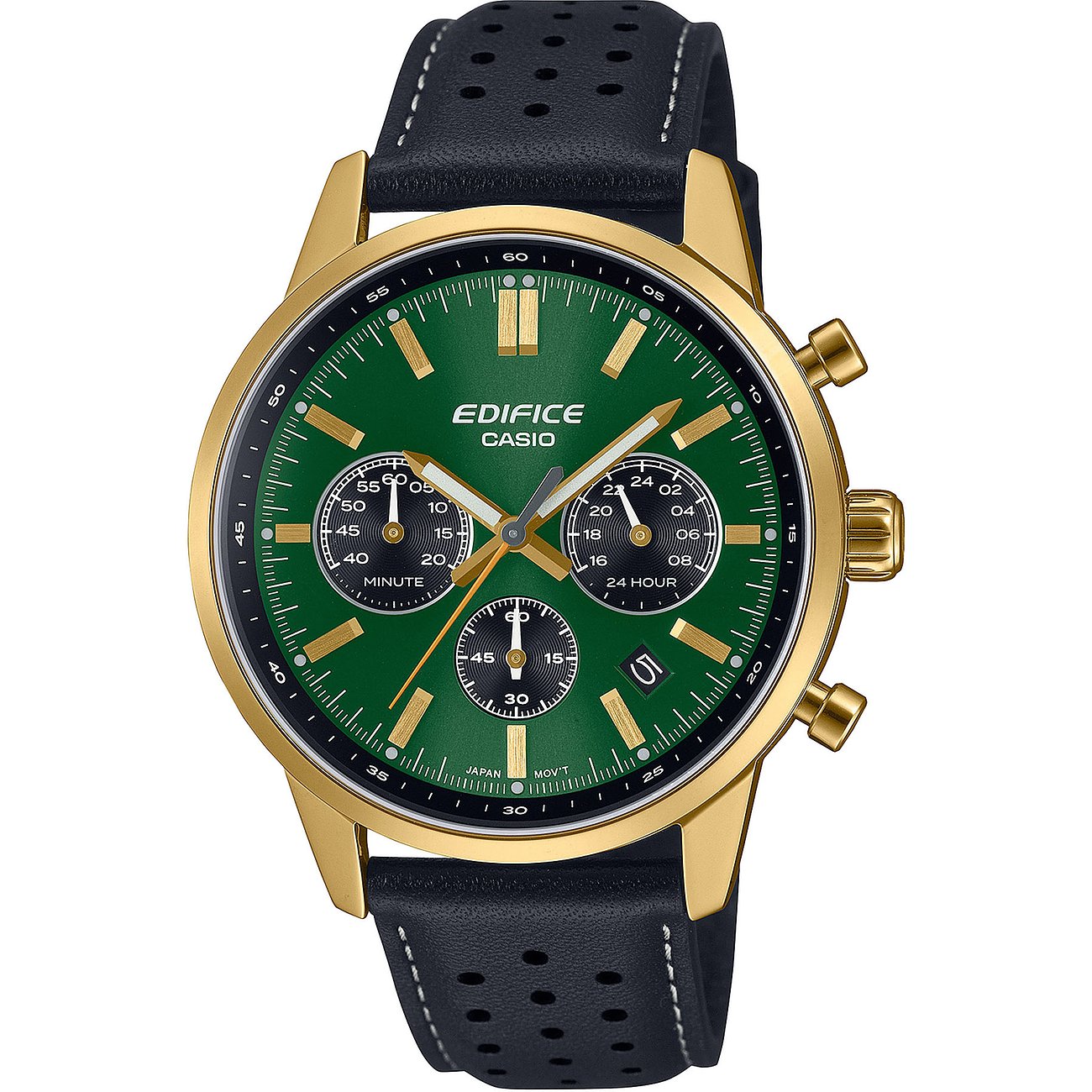 Casio Edifice Herrenuhr aus goldfarbenem Edelstahl mit grünem Zifferblatt und perforiertem schwarzem Lederarmband.