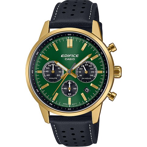 Casio Edifice Herrenuhr aus goldfarbenem Edelstahl mit grünem Zifferblatt und perforiertem schwarzem Lederarmband.