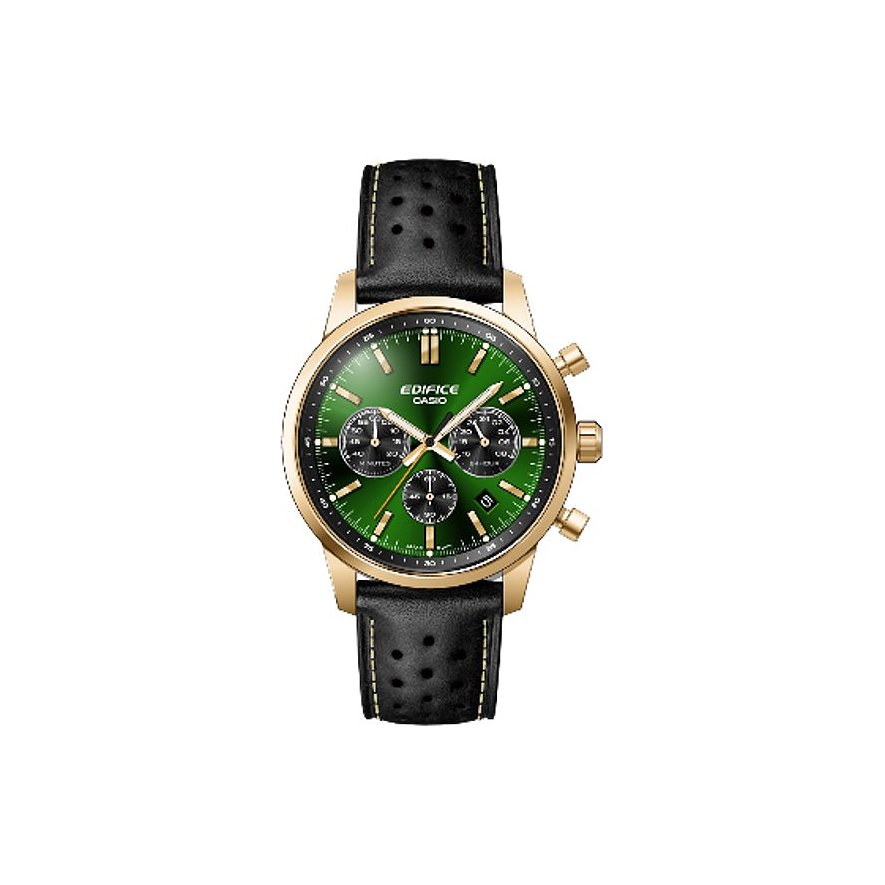 Casio Herrenuhr aus Edelstahl mit goldenem Gehäuse, grünem Zifferblatt und schwarzem Lederarmband.
