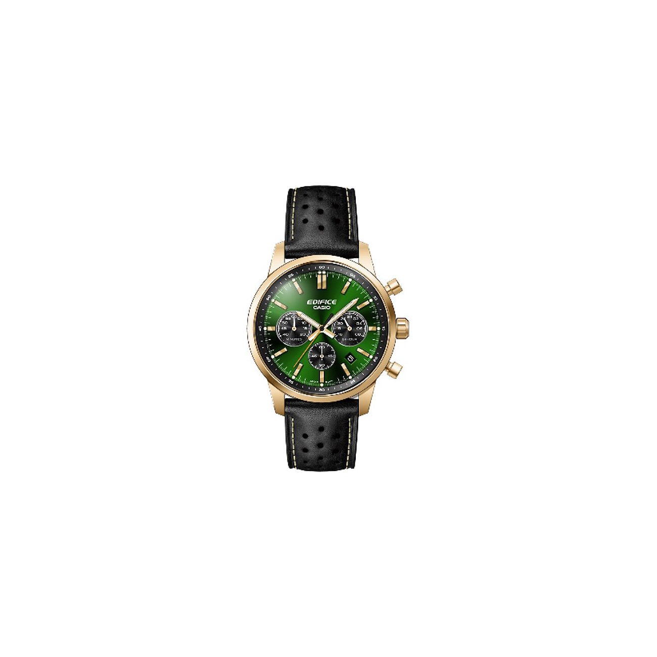 Casio Herrenuhr aus Edelstahl mit goldenem Gehäuse, grünem Zifferblatt und schwarzem Lederarmband.