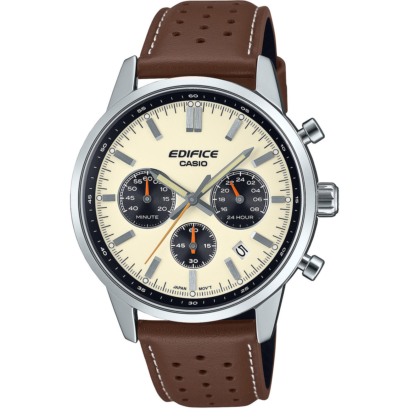 Casio Herrenuhr aus Edelstahl mit braunem Lederarmband und hellem Zifferblatt, auf einer weißen Fläche präsentiert.