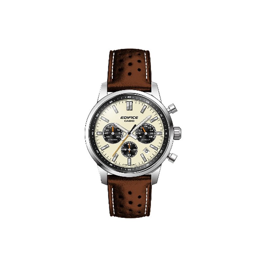 Casio Herrenuhr aus Edelstahl mit braunem Lederarmband und cremefarbenem Zifferblatt