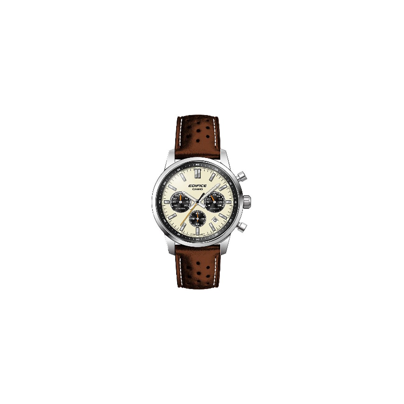 Casio Herrenuhr aus Edelstahl mit braunem Lederarmband und cremefarbenem Zifferblatt