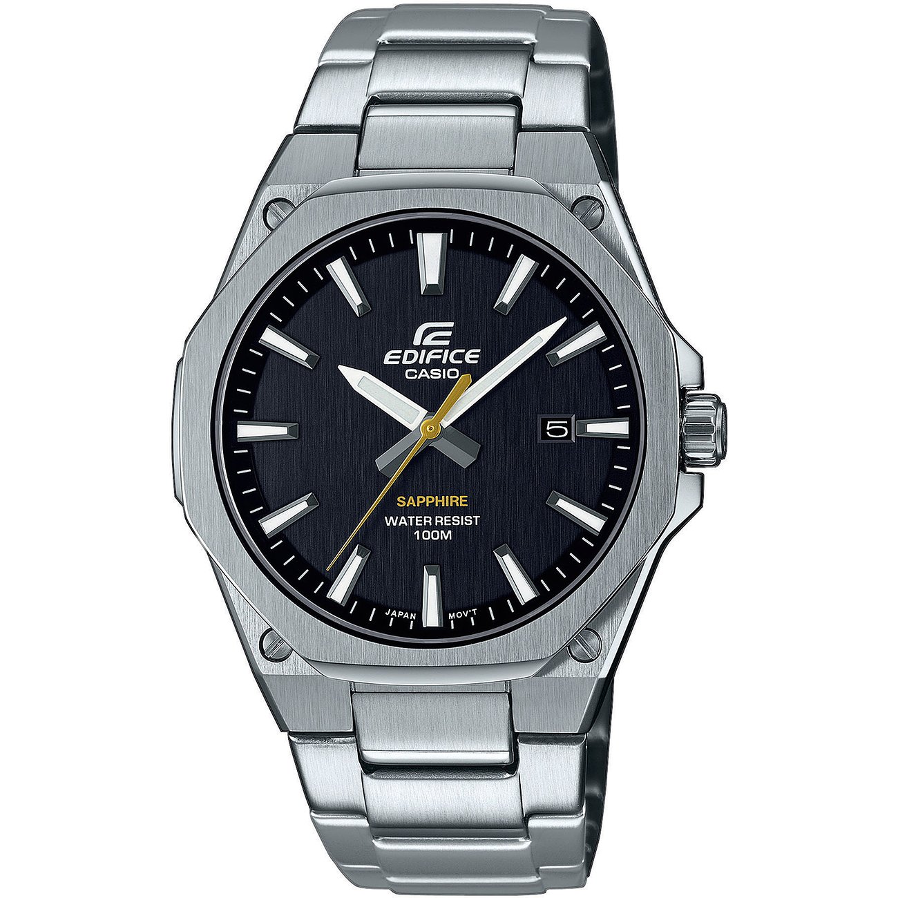 Eine Casio Herrenuhr aus Edelstahl mit dunklem Zifferblatt, silbernen Markierungen und gelbem Sekundenzeiger.