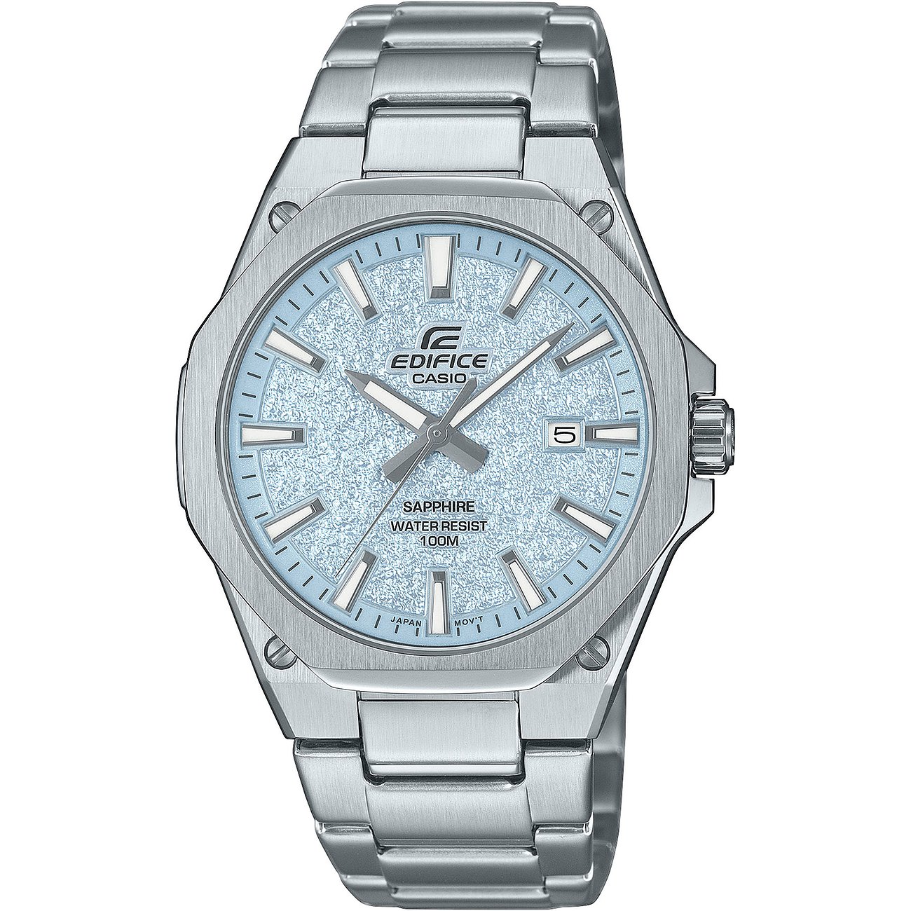 Casio Herrenuhr aus blauem und Edelstahl mit eisblauem Zifferblatt und Datumsanzeige auf der 3-Uhr-Position.