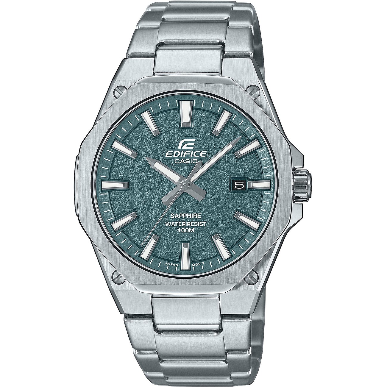 Casio Herrenuhr aus blaugrünem Edelstahl von oben gesehen, mit einer Datumsanzeige für den 5. Tag des Monats.