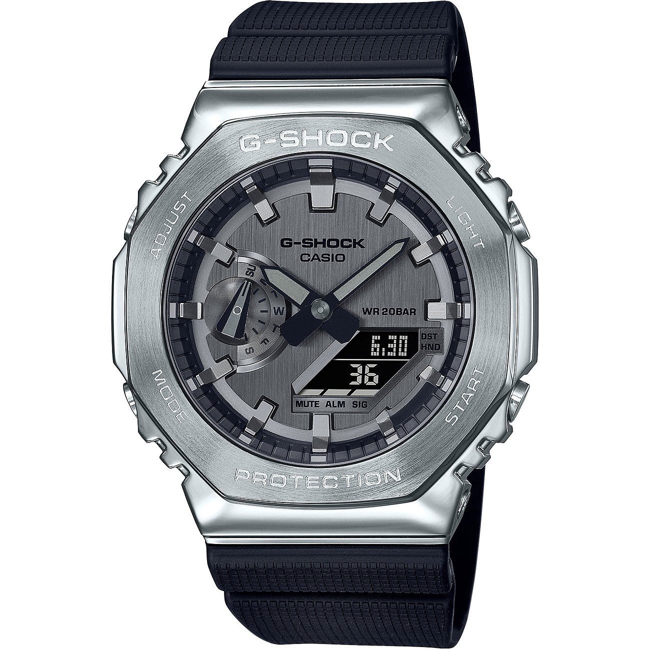 Eine G-Shock Herrenuhr aus Edelstahl mit dunklem Zifferblatt und schwarzem Armband, frontal vor weißem Hintergrund.