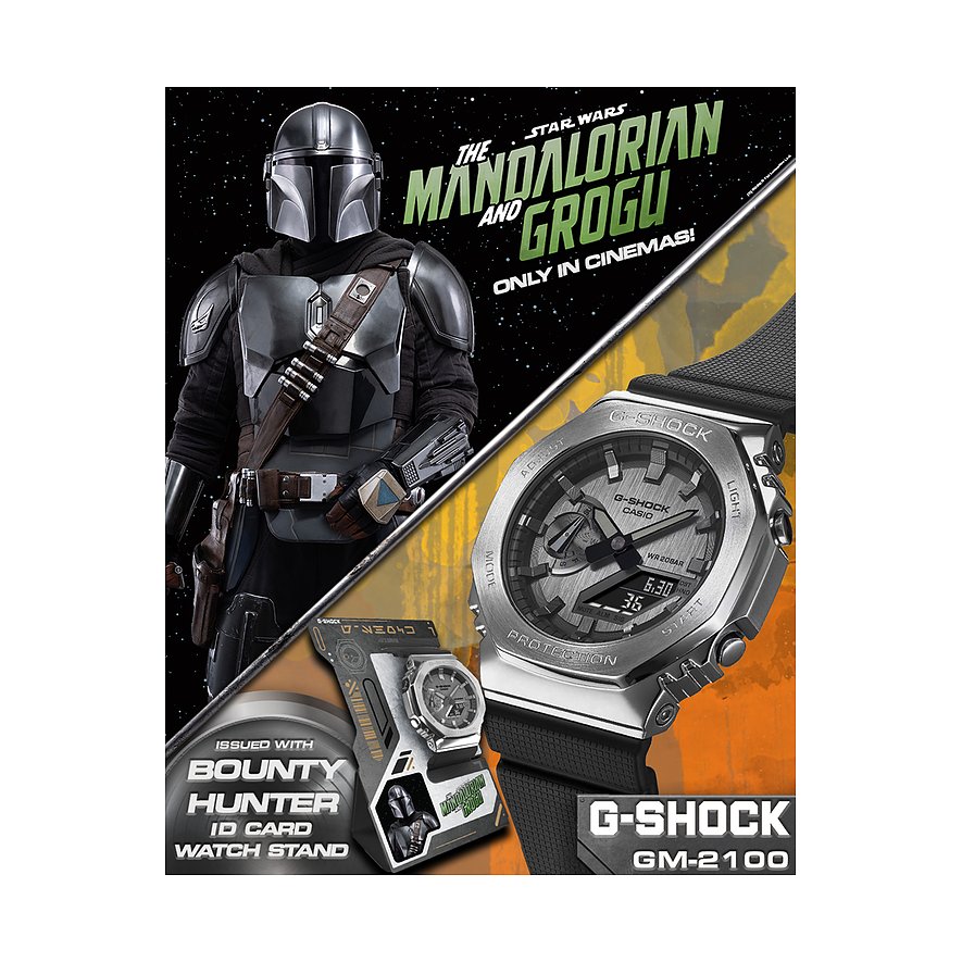 Die G-Shock Herrenuhr aus Edelstahl in Silber mit schwarzem Armband auf einem „Mandalorian“-Poster.