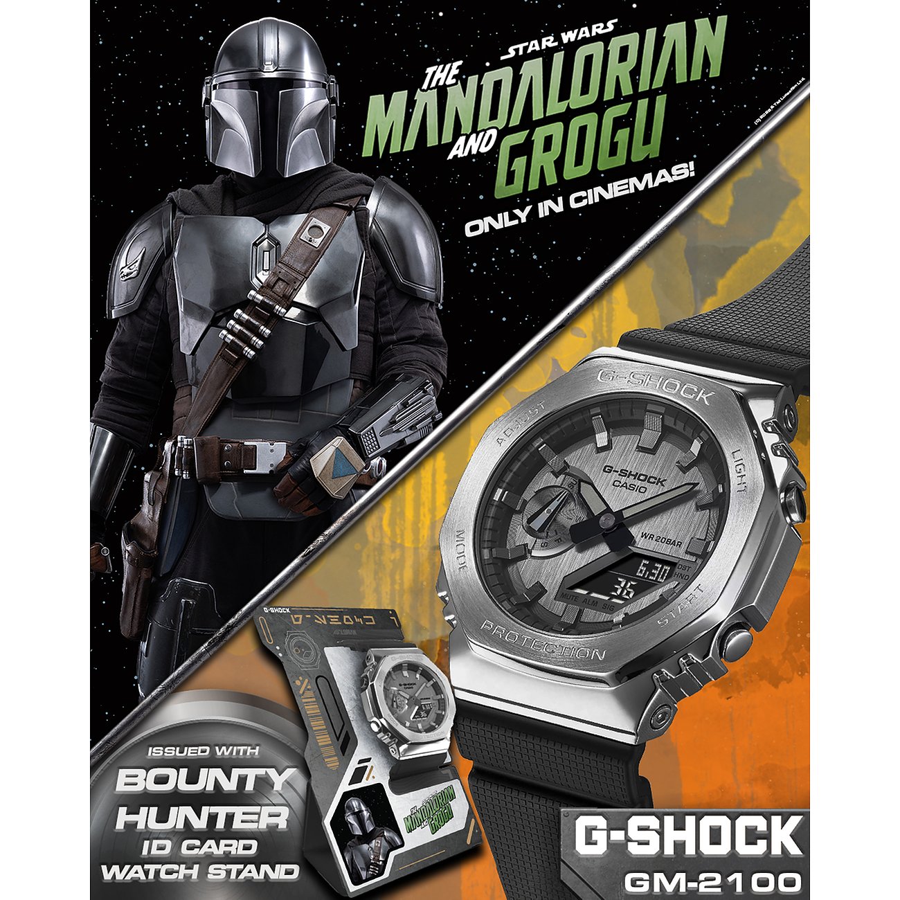 Die G-Shock Herrenuhr aus Edelstahl in Silber mit schwarzem Armband auf einem „Mandalorian“-Poster.
