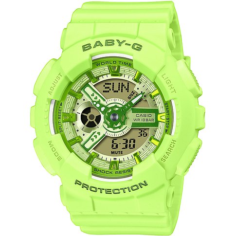 Neon-grüne G-Shock Damenuhr aus Resin mit digitaler und analoger Anzeige. Das Zifferblatt zeigt "SUN" und "6:30".