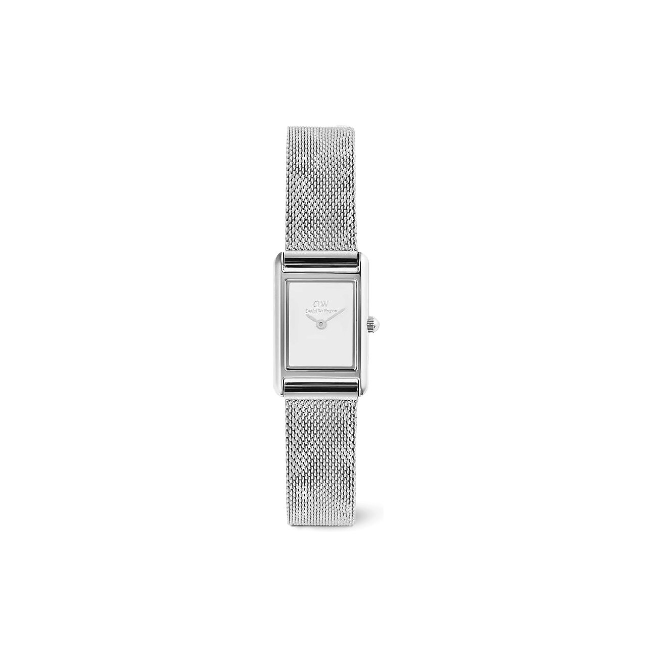 Eine Daniel Wellington Damenuhr aus Edelstahl mit rechteckigem Zifferblatt und silbernem Milanese-Armband.