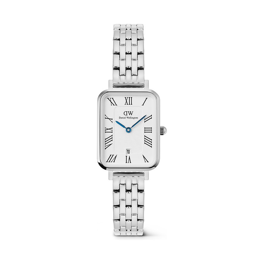 Eine Daniel Wellington Damenuhr aus Edelstahl mit rechteckigem Zifferblatt und silberfarbenem Gliederarmband.