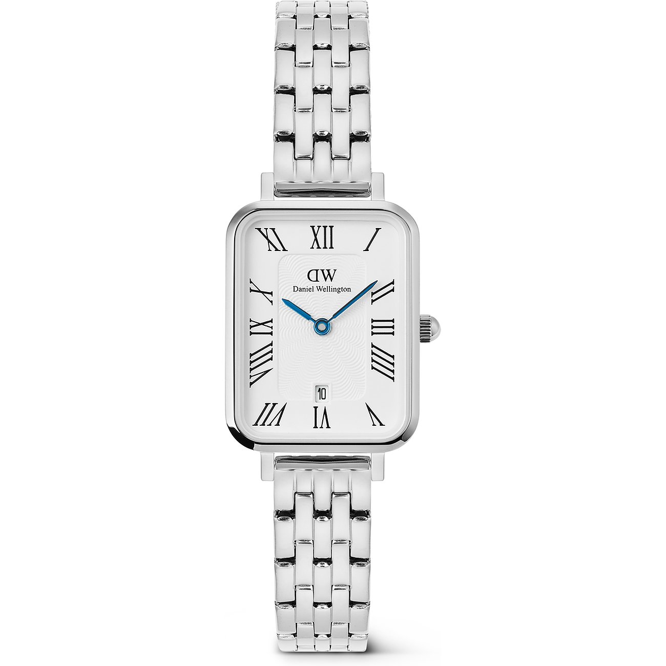 Eine Daniel Wellington Damenuhr aus Edelstahl mit rechteckigem Zifferblatt und silberfarbenem Gliederarmband.