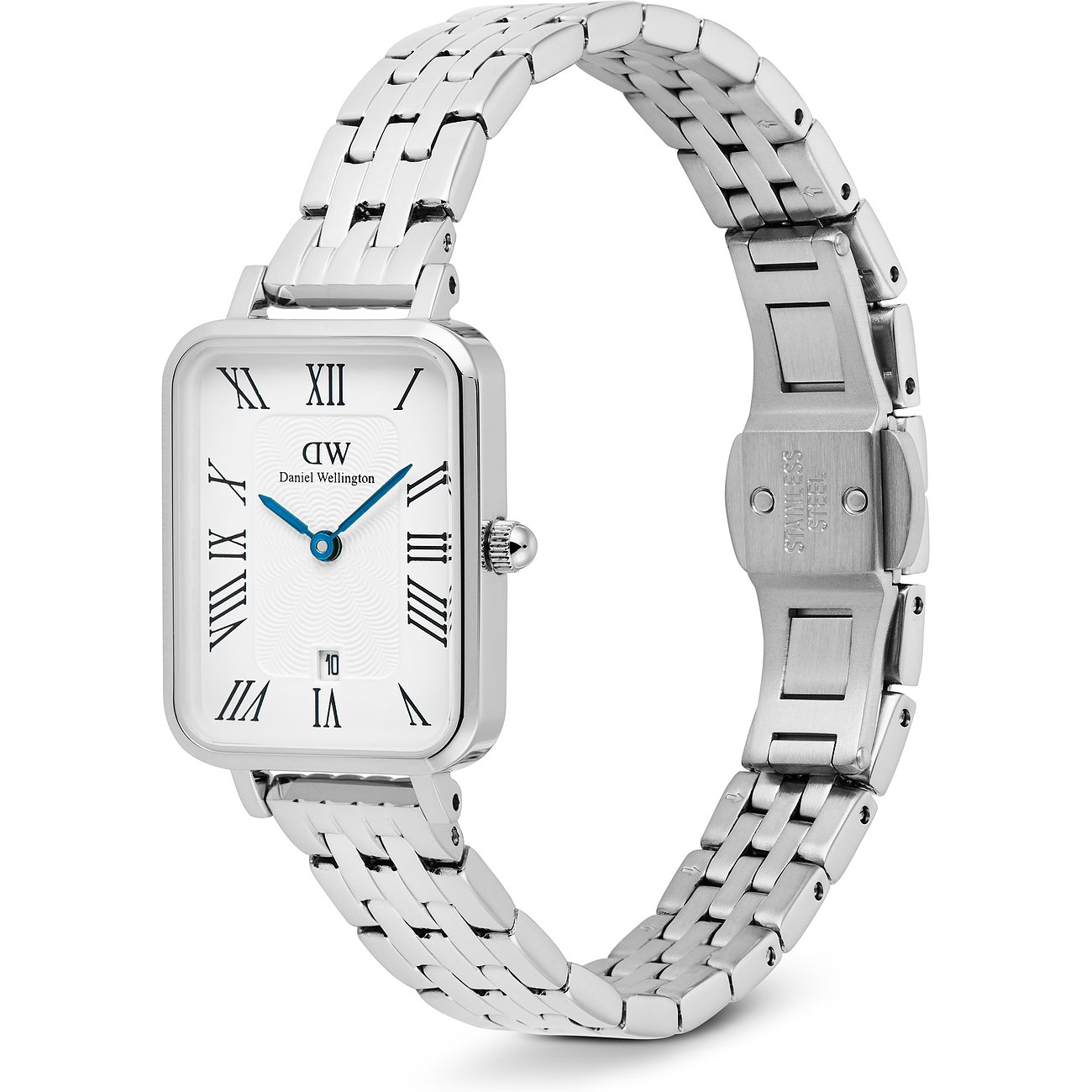 Eine Daniel Wellington Damenuhr aus silberfarbenem Edelstahl mit rechteckigem Zifferblatt und römischen Zahlen.