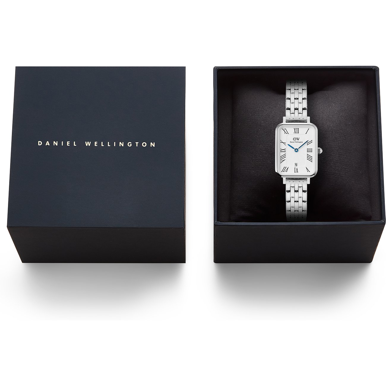 Daniel Wellington Damenuhr aus Edelstahl, rechteckiges Zifferblatt, silbernes Gliederarmband, in offener schwarzer Geschenkbox.
