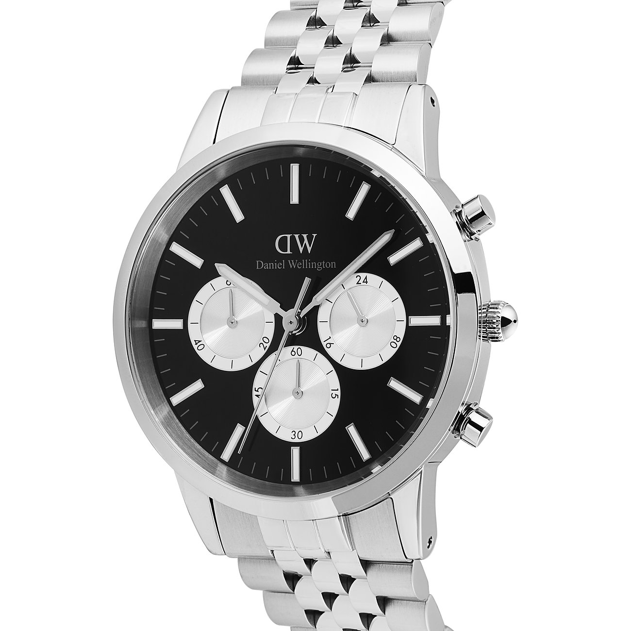 Eine silberfarbene Daniel Wellington Herrenuhr aus Edelstahl mit schwarzem Zifferblatt und drei Hilfszifferblättern.