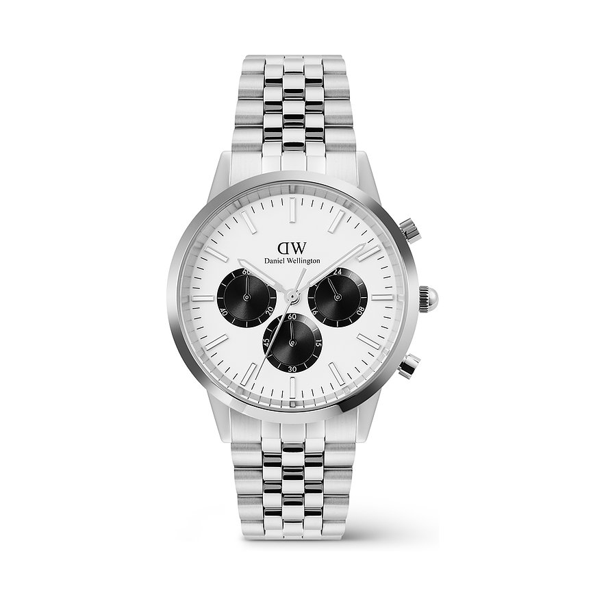 Daniel Wellington Herrenuhr aus Edelstahl mit weißem Zifferblatt und drei schwarzen Chronographen-Zifferblättern.