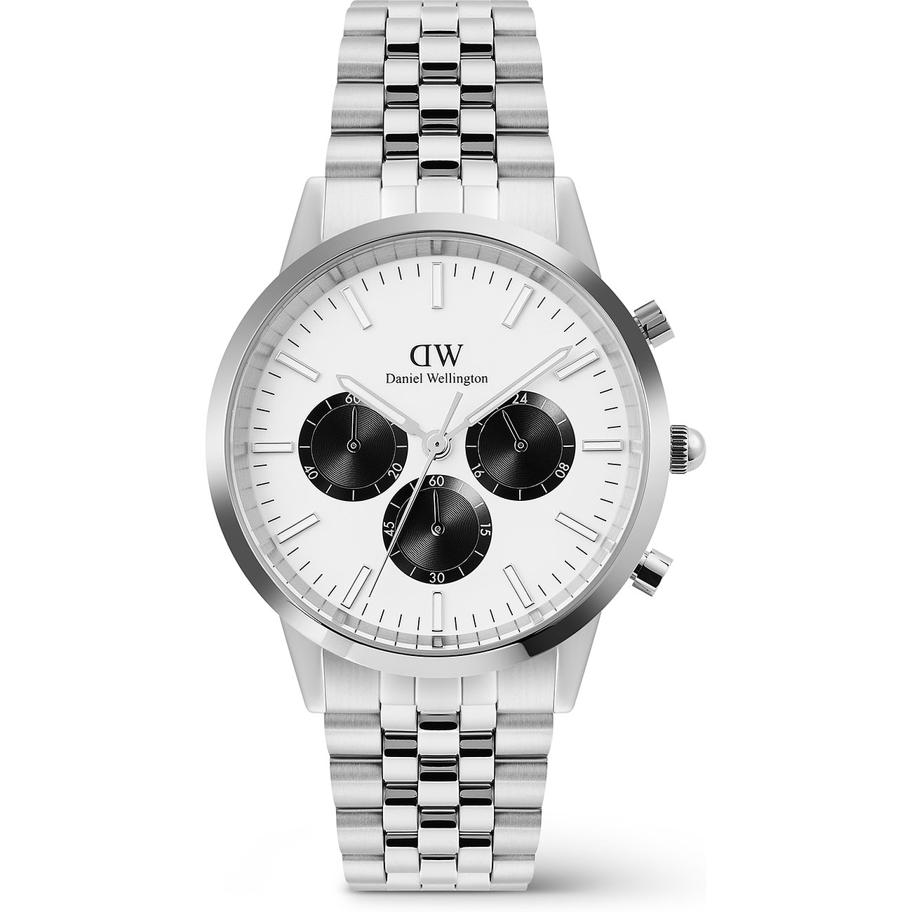 Daniel Wellington Herrenuhr aus Edelstahl mit weißem Zifferblatt und drei schwarzen Chronographen-Zifferblättern.