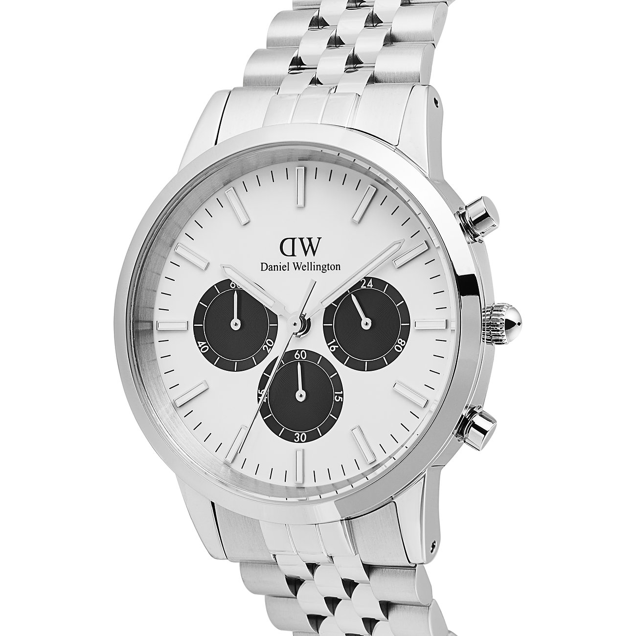 Daniel Wellington Herrenuhr aus Edelstahl mit weißem Zifferblatt und drei schwarzen Chronographen-Zifferblättern.