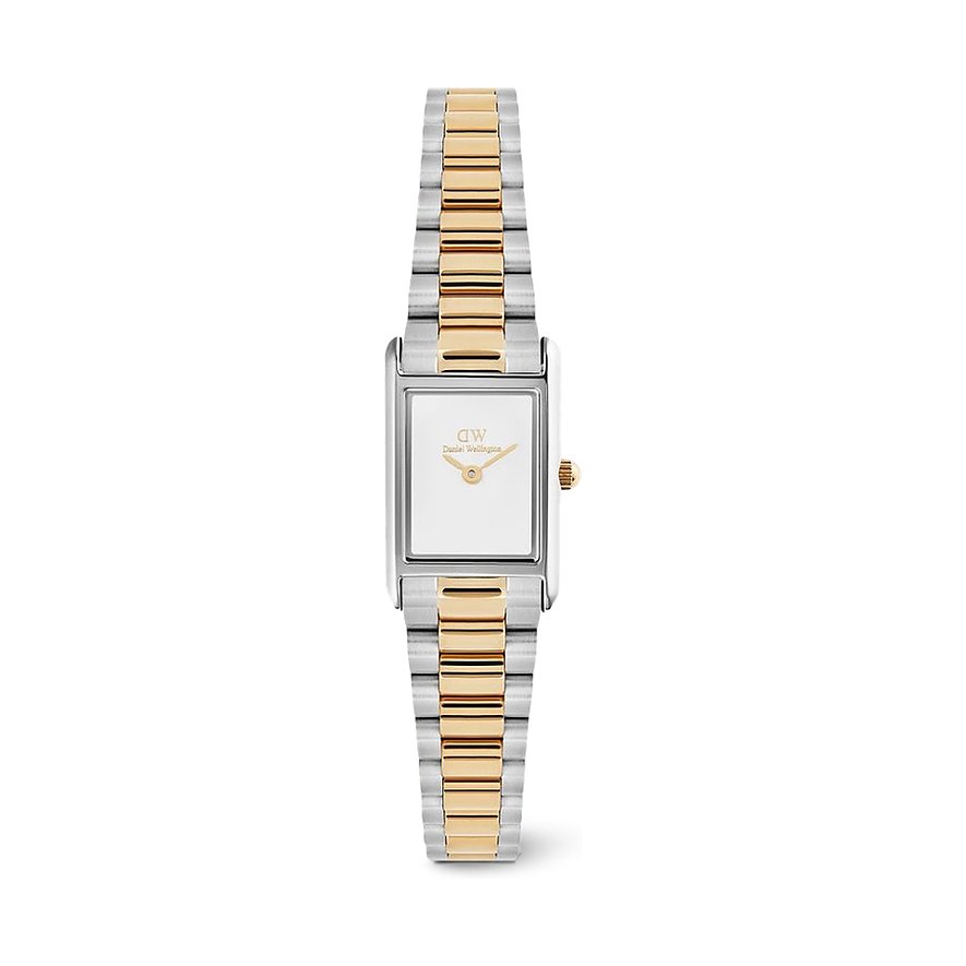 Eine Daniel Wellington Damenuhr aus bicolor Edelstahl mit rechteckigem Zifferblatt und goldfarbenen Zeigern.