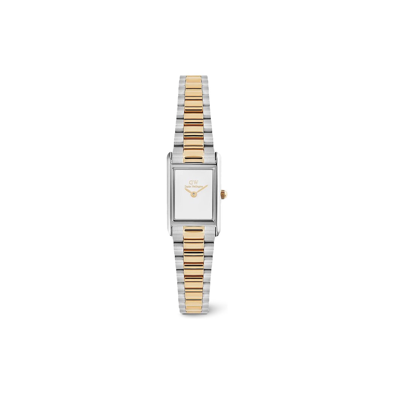 Eine Daniel Wellington Damenuhr aus bicolor Edelstahl mit rechteckigem Zifferblatt und goldfarbenen Zeigern.
