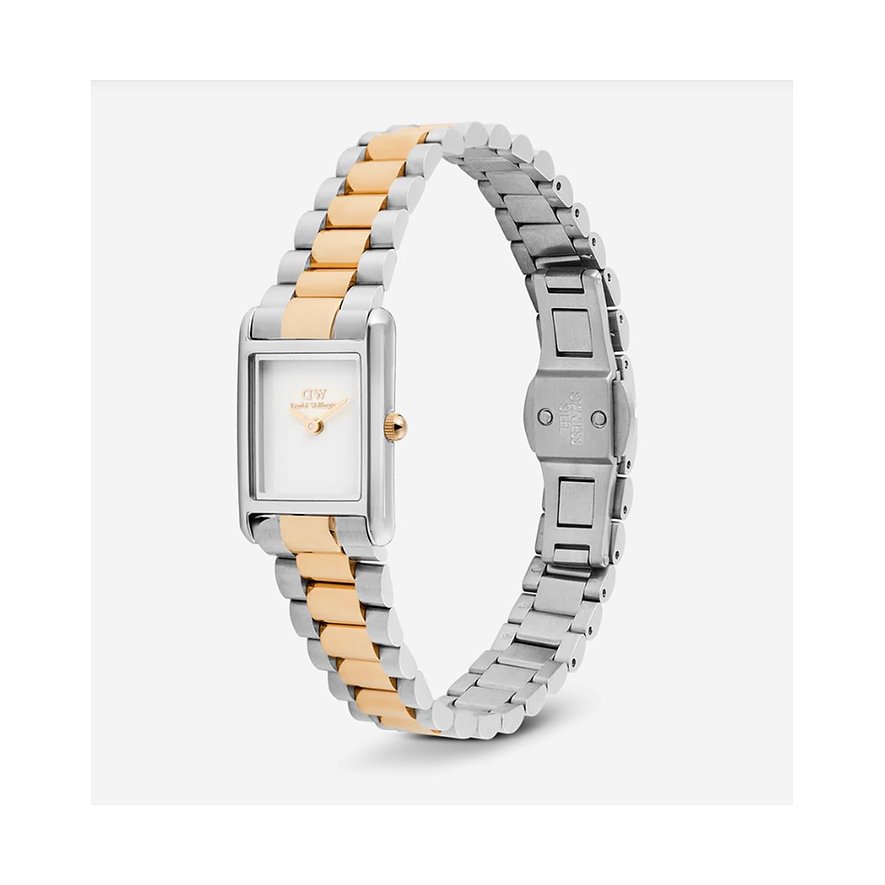 Daniel Wellington Damenuhr aus Edelstahl mit rechteckigem Zifferblatt und zweifarbigem gold-silbernem Armband.