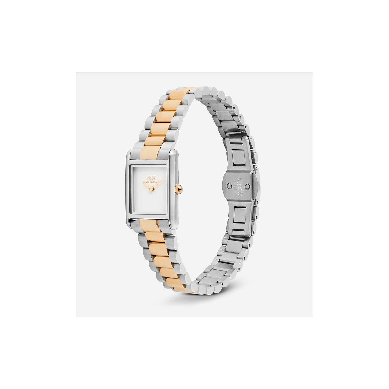 Daniel Wellington Damenuhr aus Edelstahl mit rechteckigem Zifferblatt und zweifarbigem gold-silbernem Armband.
