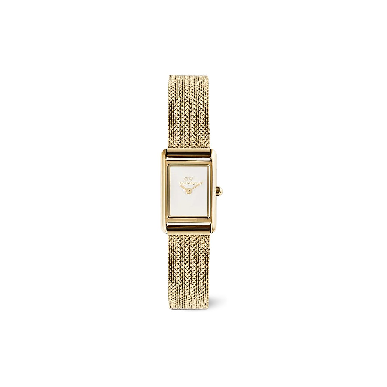 Daniel Wellington Damenuhr in Gold aus Edelstahl, mit elegantem rechteckigem Zifferblatt und feinem Milanaisearmband.