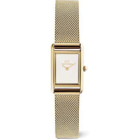 Daniel Wellington Damenuhr in Gold aus Edelstahl, mit elegantem rechteckigem Zifferblatt und feinem Milanaisearmband.