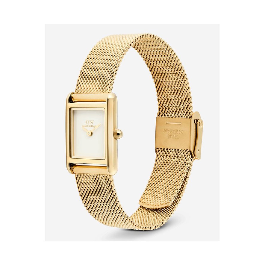 Daniel Wellington Damenuhr aus goldfarbenem Edelstahl mit rechteckigem Zifferblatt und Mesh-Armband.