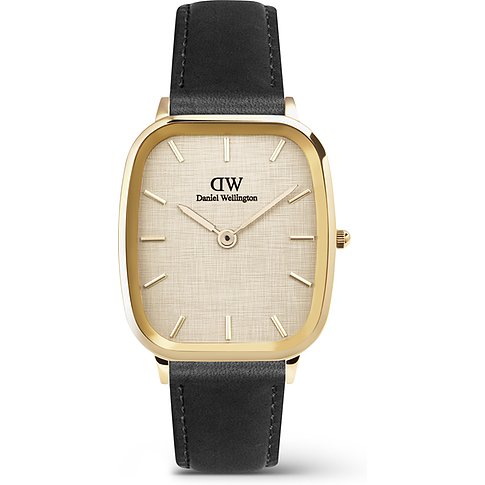 Daniel Wellington Herrenuhr aus goldfarbenem Edelstahl mit eckigem Zifferblatt und schwarzem Lederarmband.