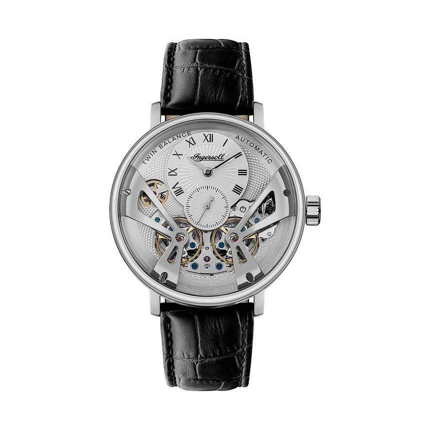 Eine Ingersoll Herrenuhr aus Edelstahl mit schwarzem Lederarmband und offenem Uhrwerk im Detail.