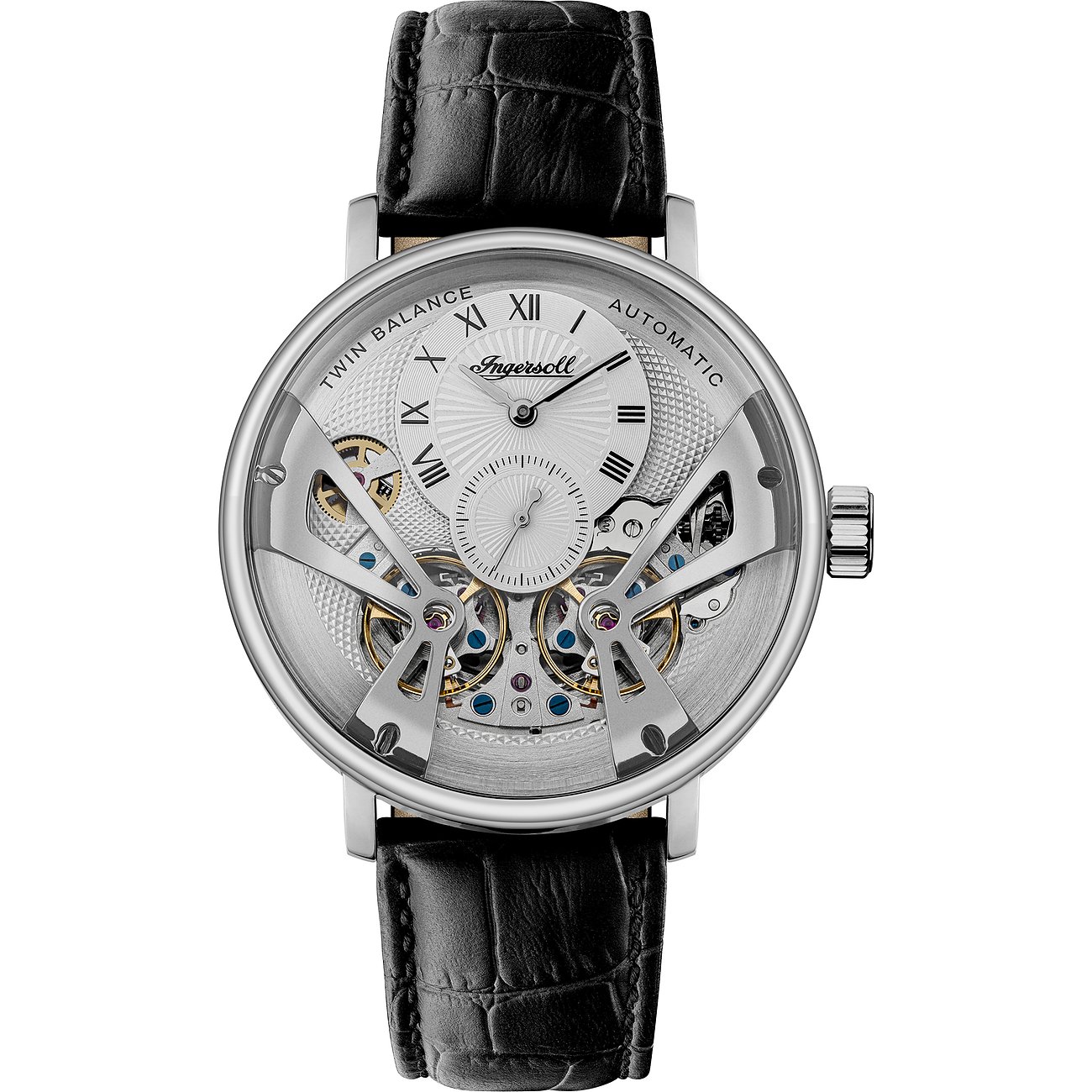 Eine Ingersoll Herrenuhr aus Edelstahl mit schwarzem Lederarmband und offenem Uhrwerk im Detail.