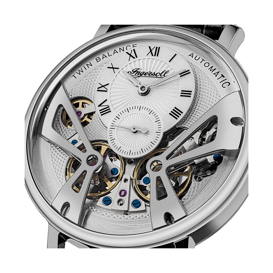 Nahaufnahme einer Ingersoll Herrenuhr aus Edelstahl mit sichtbarem Uhrwerk und Zifferblatt mit römischen Ziffern.
