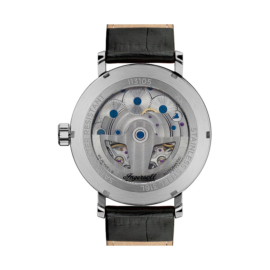 Die Rückseite einer Ingersoll Herrenuhr aus Edelstahl mit sichtbarem, komplexem Automatikwerk und schwarzem Lederarmband.