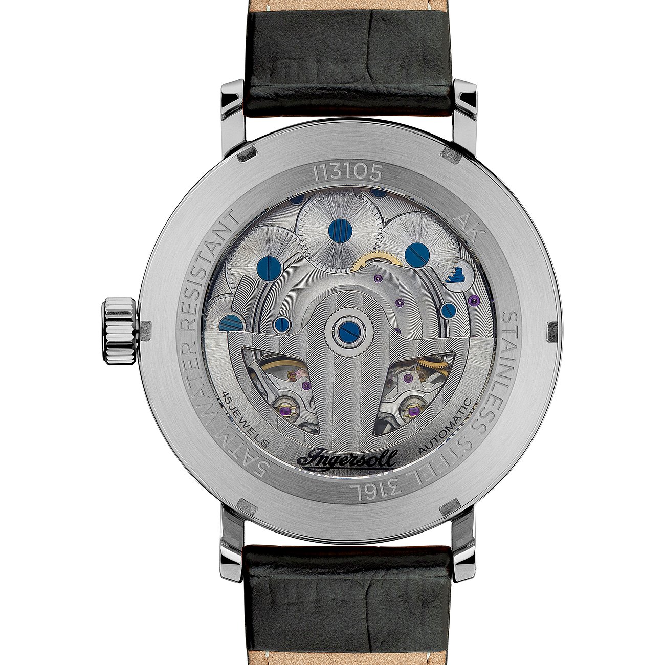 Die Rückseite einer Ingersoll Herrenuhr aus Edelstahl mit sichtbarem, komplexem Automatikwerk und schwarzem Lederarmband.