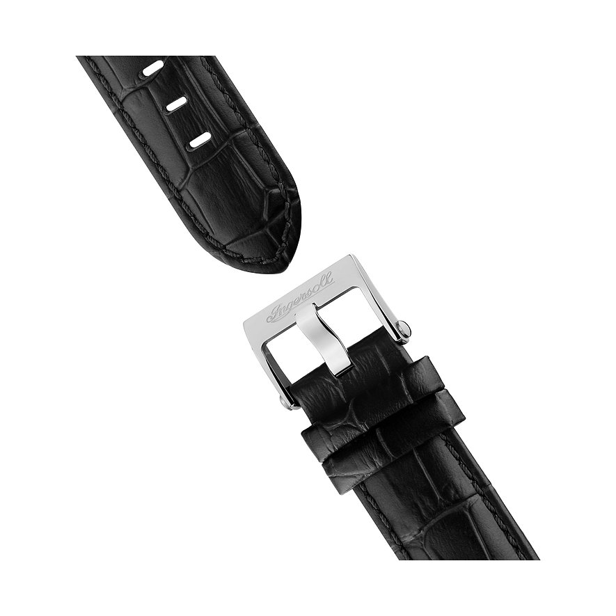 Nahaufnahme des Ingersoll Herrenuhrenarmbands aus schwarzem Krokoprägungsleder mit rechteckiger Dornschließe.