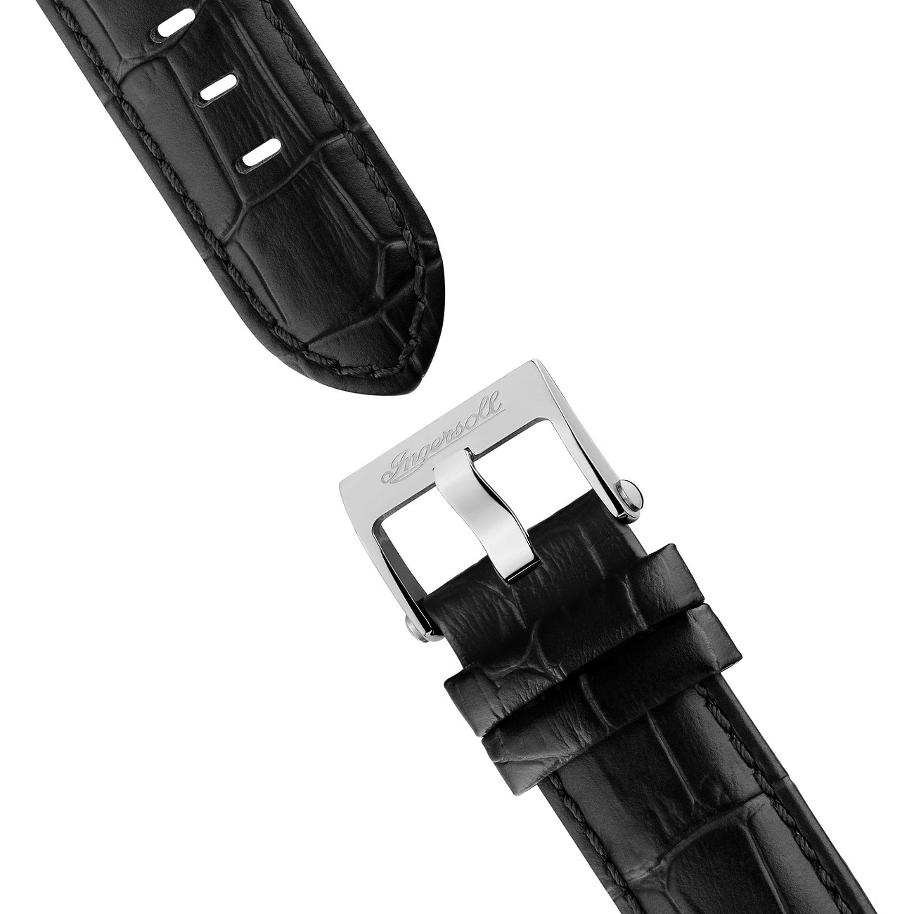 Nahaufnahme des Ingersoll Herrenuhrenarmbands aus schwarzem Krokoprägungsleder mit rechteckiger Dornschließe.