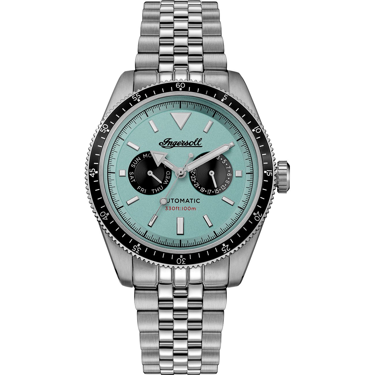 Eine Ingersoll Herrenuhr aus Edelstahl mit einem metallischen Gliederarmband und einem mintgrünen Zifferblatt.