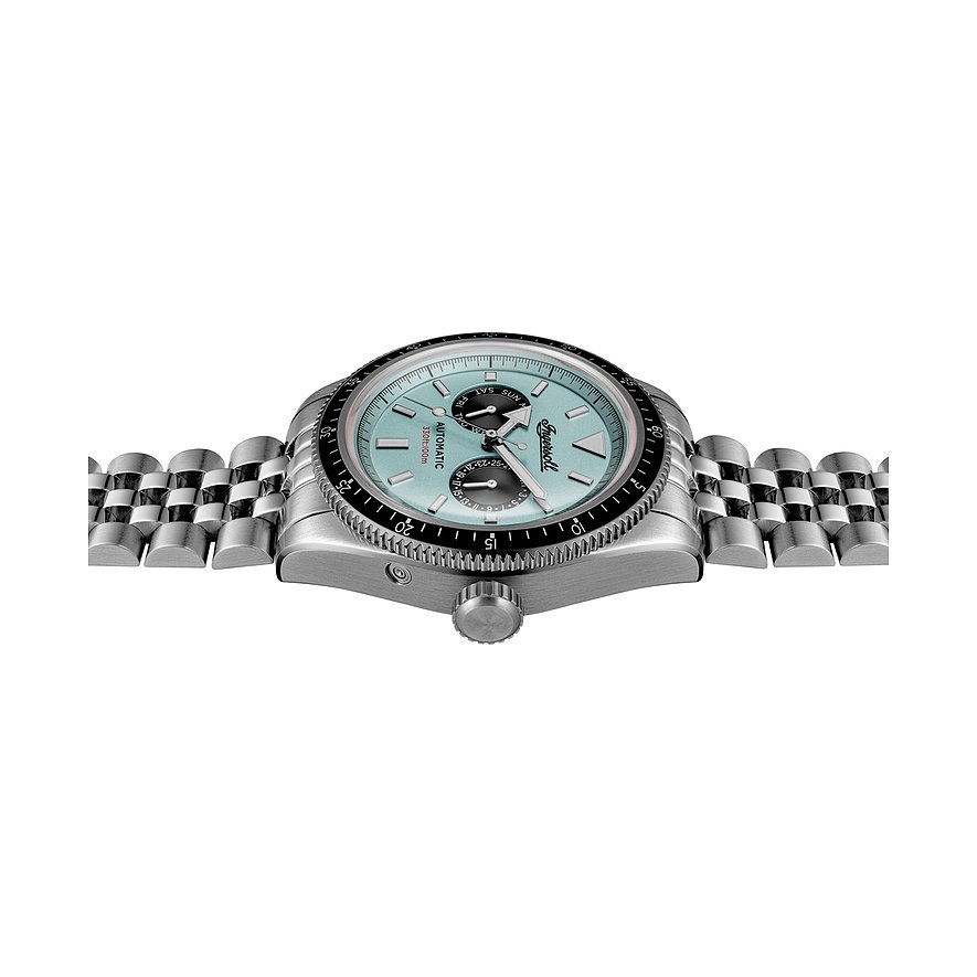 Seitenansicht einer Ingersoll Herrenuhr aus Edelstahl mit mintfarbenem Zifferblatt und silbernem Gliederarmband.