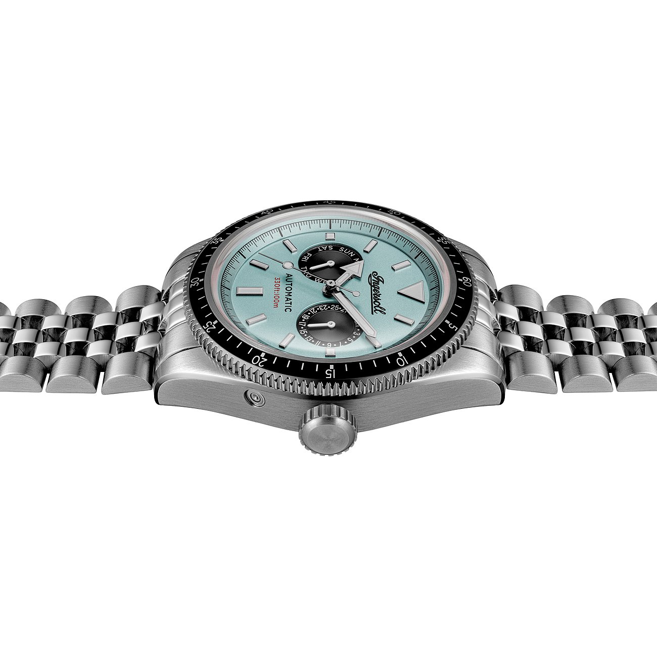 Seitenansicht einer Ingersoll Herrenuhr aus Edelstahl mit mintfarbenem Zifferblatt und silbernem Gliederarmband.
