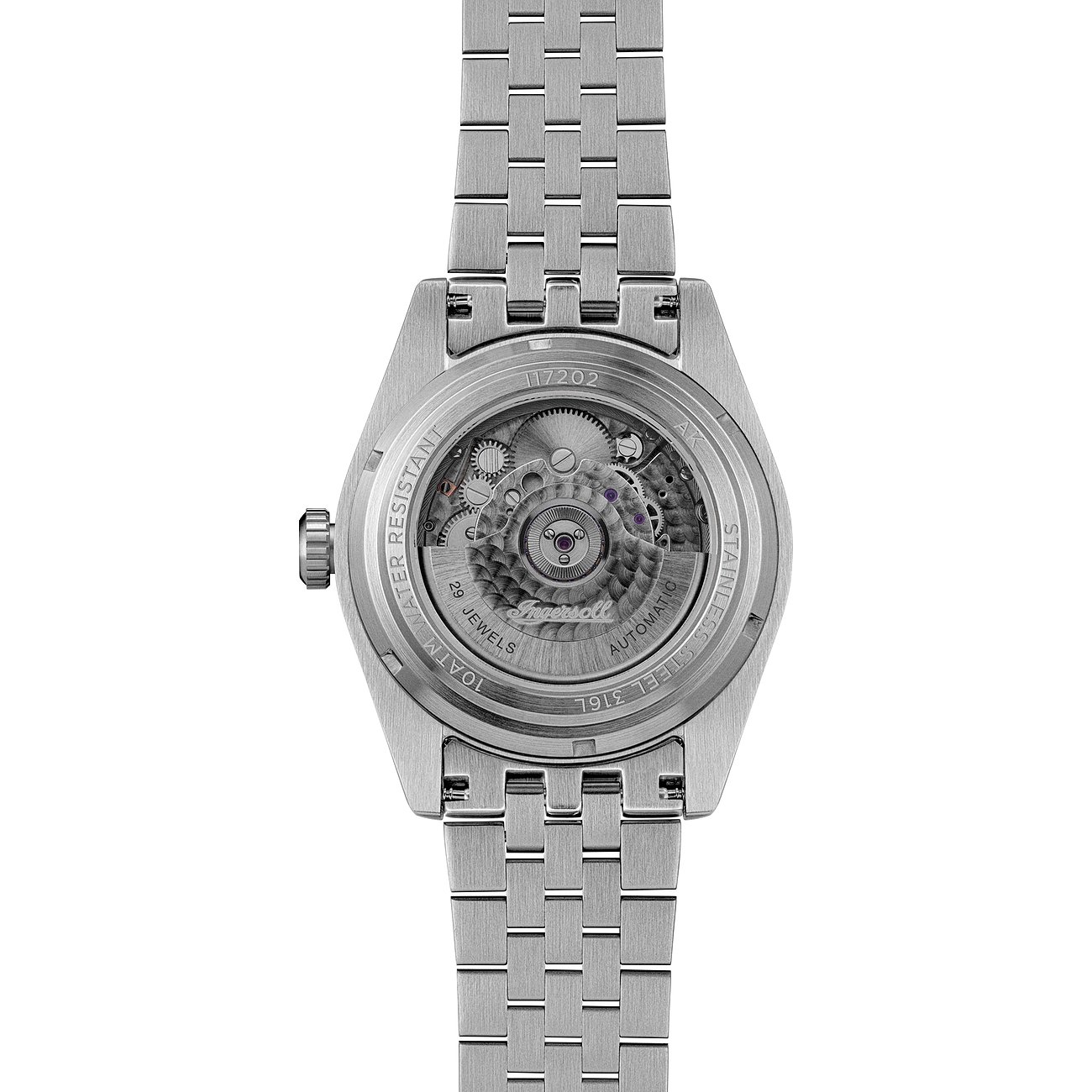 Die Rückseite einer Ingersoll Herrenuhr aus Edelstahl mit einem transparenten Gehäuseboden, der das Uhrwerk zeigt.