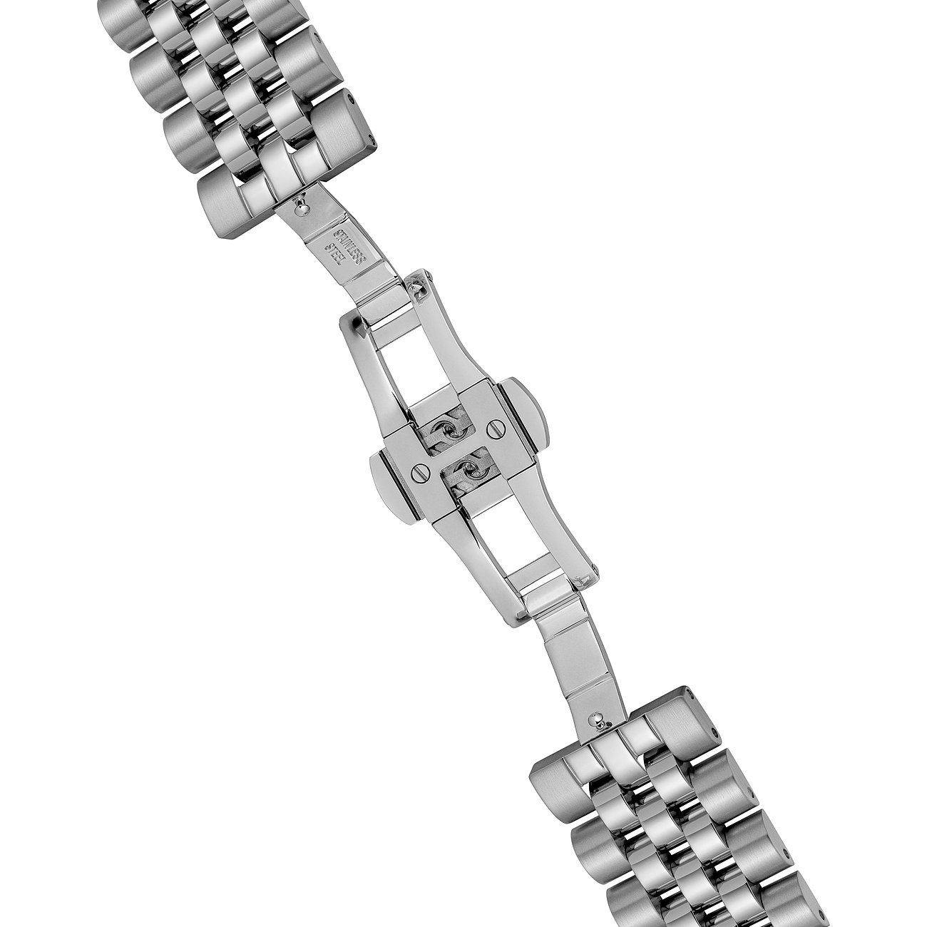 Nahaufnahme des Verschlusses einer silbernen Ingersoll Herrenuhr aus Edelstahl, der sich in der Mitte des Bildes befindet.