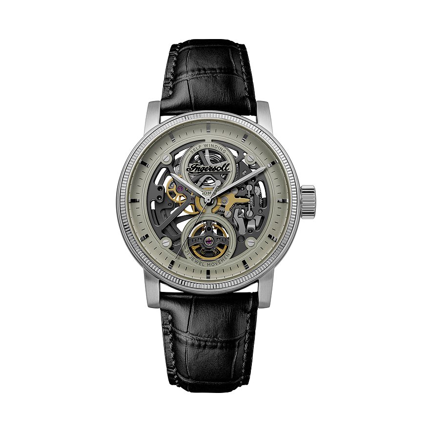 Eine Ingersoll Herrenuhr aus Edelstahl mit schwarzem Lederarmband und offenem Uhrwerk, das die Mechanik zeigt.